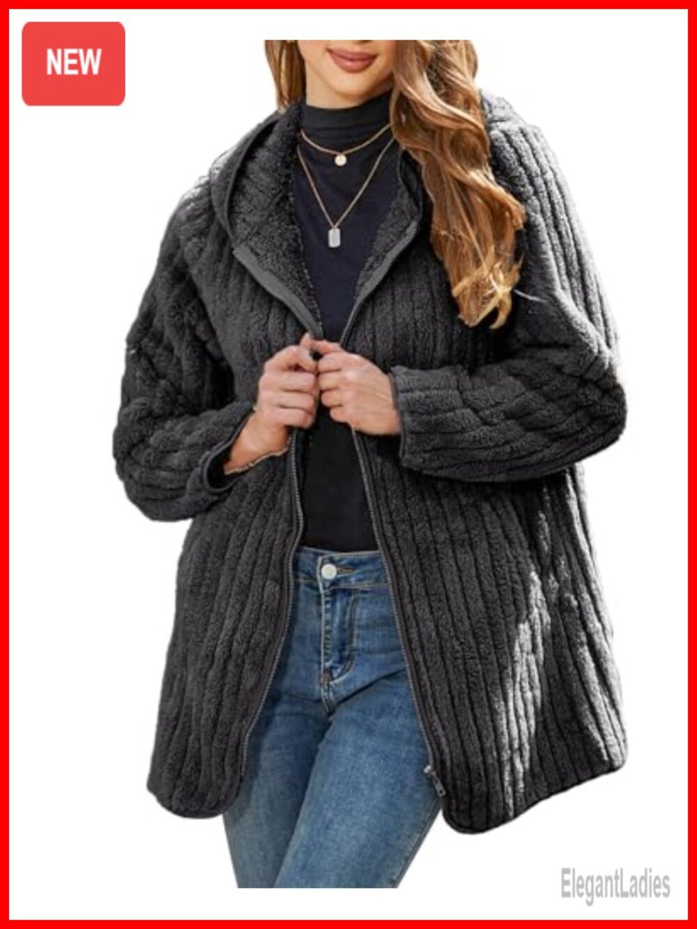 Women Fleece Jacket Hooded Full Zip Sherpa Coat Winter Warm